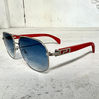 NWT Porta Romana Travel Collection Silver/Red Frame Blue Lens Aviator Sunglasses