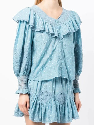 LoveShackFancy Bunnie Blouse & Adia Mini Skirt Set Blue Bonnet Womens Small