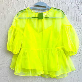 NWOT Cinq A Sept Ciarra Puff Sleeve Semi Sheer Layered Top Acid Yellow Women's S