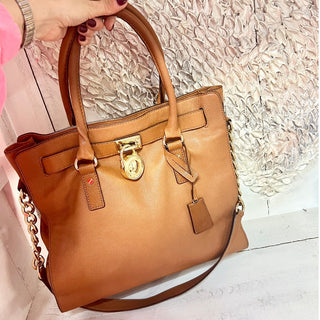 Michael Kors MK Hamilton Leather Tote Shoulder Handbag Cognac Brown