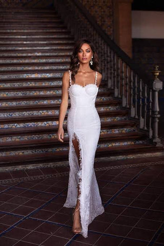 NWT Alamour Caliana Lace High Slit Bustier Gown Dress White Women's Size Medium