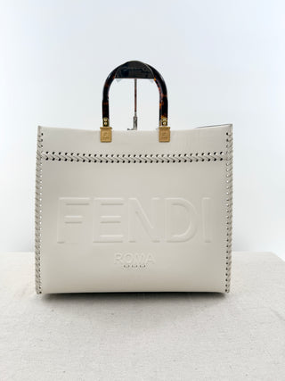 Fendi sunshine medium leather embossed tote with tortoise shell handles