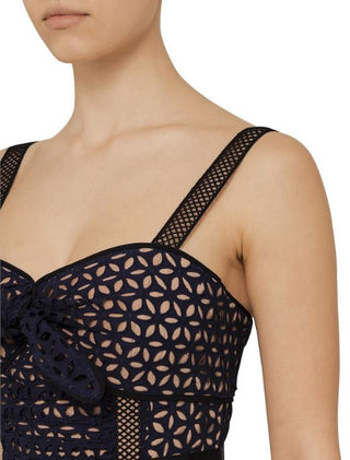 Self-Portrait Sweetheart Tie Ruffled Broderie Eyelet Mini Dress Navy Women's 2