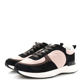 Chanel Suede Calfskin Fabric CC Trainer Sneaker Dark Grey Light Pink Women EU 41