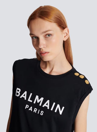 Balmain Paris Poplin Cotton Embossed Gold Metal Buttons Tank Top Black Womens 36