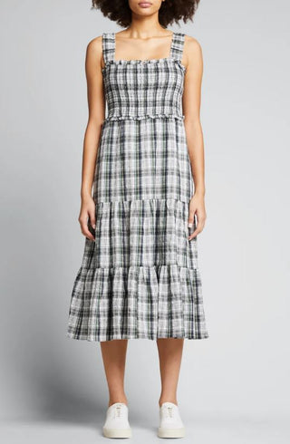 Veronica Beard Ziada Plaid Smocked Tiered Midi A-Line Dress Black Women's Size 2