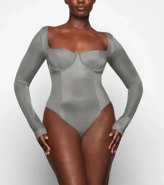 NWT SKIMS Glissenette Long Sleeve One Piece Bodysuit Thunder Gray Women's Medium