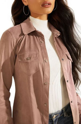 NWT Guess Daisy Faux Suede Snap Button Front Shirt Gray Rose Women's Size Small