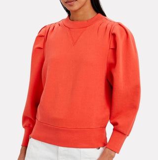 FRAME Ribbed Shirred Puff Sleeve Pullover Sweatshirt Sunkist Orange Women's XS