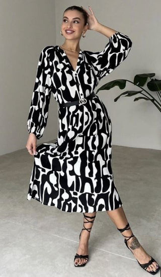 Zara Belted Button Front Balloon Sleeve Geometric Midi Dress Black Women's XL