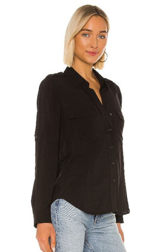 L'Agence Lunetta Roll Tab Sleeve Front Button Shirt Matte Black Women's Size XS