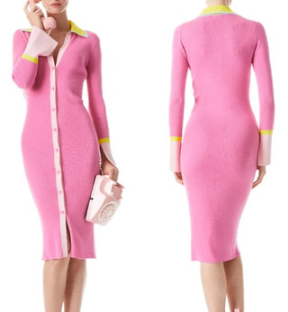 Alice + Olivia Alcina Rib Knit Button Down Sweater Dress Pink Womens Size Medium