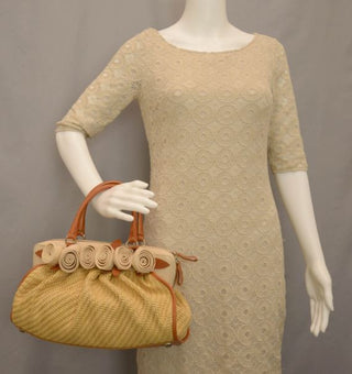 Valentino Garavani Rosette Woven Raffia Canvas Top Handle Bag Natural Beige