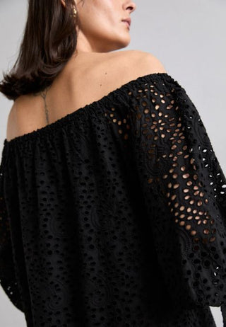 Alice + Olivia Artemis Poplin Off-The-Shoulder Eyelet Mini Shift Dress Black Women's XS