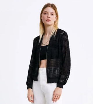 Zara Textured Mesh Open Knit Full Zip Bomber Jacket Black Women's Size Medium
