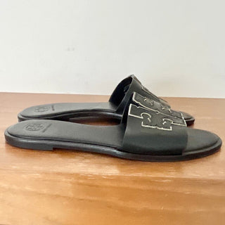 Tory Burch Double T Logo Sport Slide Flat Sandal Black Leather Women's Size 8