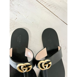 Gucci Leather Embellished Double G GG Slip On Thong Flat Sandals Black Women 39