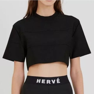 NWT HERVÉ by Hervé Léger Short Sleeve Boxy Cropped Bandage Tee Black Women's XXS