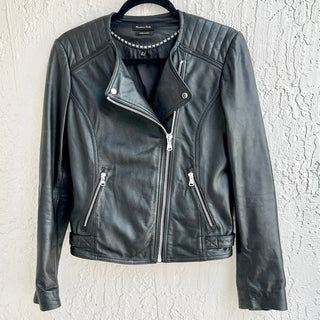 Massimo Dutti Leather Asymmetrical Zip Moto Biker Jacket Black Women's Size S