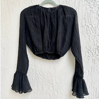 Trois Long Ruffled Sleeve Crinkle Kristin Cropped Top Black Women's Size 0