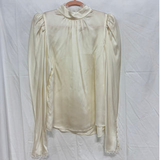 NWT Frame Lace-Trimmed Silk Long Sleeve Charmeuse Blouse Off-White Womens Medium