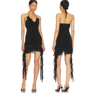 NWT NBD Ruffle Ruched Gathered Elayna Halterneck Mini Dress Black Women's Medium