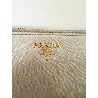 Prada Gray Beige Saffiano 100% Leather Zip Around Continental Wallet Women's