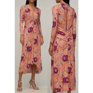 Isabel Marant Jadessi Floral Cutout Asymmetric Midi Dress Peach Womens 38 / US 6