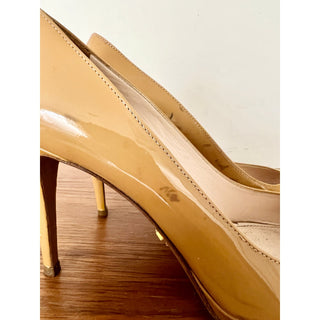 Prada Patent Leather Peep Toe Platform Stiletto Heels Shoes Tan Womens Size 37/7