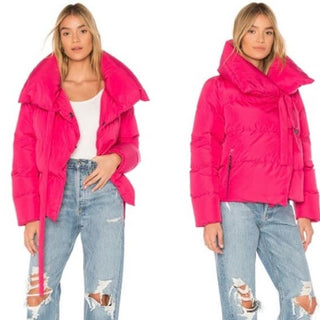 NWT Bacon Neckline Tie Nylon Puffer Jacket Magenta Pink Women's Size Small