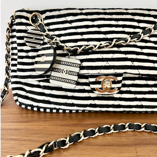 Chanel Striped Flap Classic Velour Velvet Shoulder Bag Black White Women's