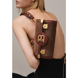 Balmain B-Buzz 23 Suede with Leather Trim Top Logo Flap Belt Bag Brown