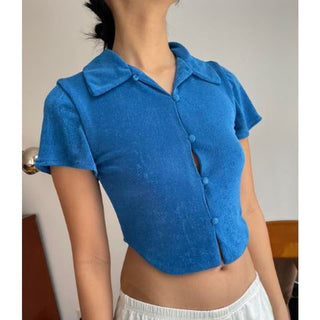 With Jean Short Sleeve Hi Low Hem Tess Button Up Crop Top Blue Women's Size XS