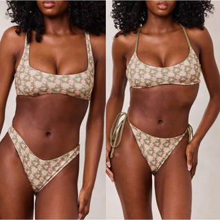 Lounge Reversible Plunge Bikini Top & Tie Side Bikini Thong Green/Floral XS / S