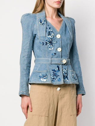 NWT Christian Dior Stella Floral Puff Sleeve Belted Denim Jacket Blue Women 38/6