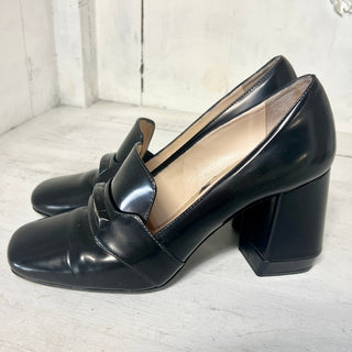 Prada Milano Leather Block Heel Penny Loafer Pump Shoes Black Womens Size 40 / 9