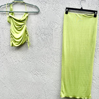 Oh Polly Jersey Ruched One Shoulder Top & Maxi Skirt Set Lime Women's Size US 2