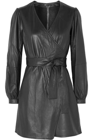 Maje Leather Long Sleeve Surplice V-Neck Wrap Mini Dress Black Women's 2 / M