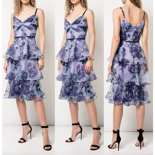 Marchesa Notte Floral Tiered Twist Front Tea Length Dress Organza Lilac US 4