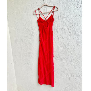 White Fox Layered Crisscross Strappy Back Thigh Slit Maxi Dress Red Women's XS