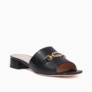 Gucci Zumi Leather Horsebit Slip On Block Heel Slide Sandals Black Women's EU 37