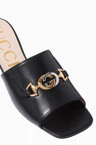 Gucci Zumi Leather Horsebit Slip On Block Heel Slide Sandals Black Women's EU 37