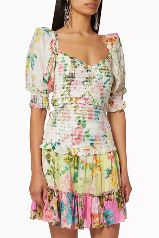 Hemant and Nandita Jolie Floral Puff Sleeve Sweetheart Neck Mini Dress Multi L