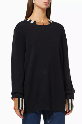 Burberry Icon Stripe Trim 100% Cashmere Oversized Sweater Black Women's Size XL