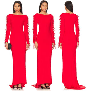 NWT NBD Simone Boat Neck Sleeve Cut-Outs Long Gown Bright Red Women's Size XS