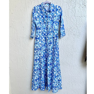 NWOT Idillio Positano 3/4 Sleeve Geometric Print Shirt Maxi Dress Blue Women's M