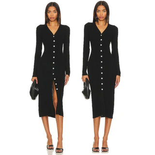 Rails Kleid Lorraine Long Sleeve Button Front Ribbed Sweater Midi Dress Black XS