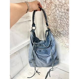 Balenciaga Chevre Classic Hardware Day Leather Hobo Shoulder Bag Cornflower Blue