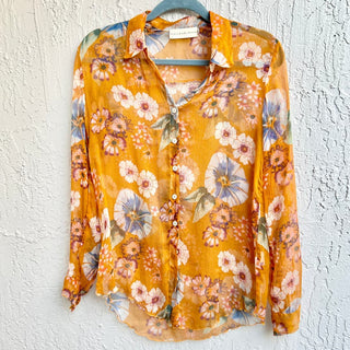 4 Love and Liberty Silk Floral Long Sleeve Button Up Shirt Yellow Womens Size XS