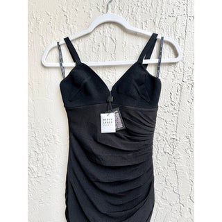 NWT HERVÉ by Hervé Léger Ruched Asymmetrical Cami Draped Dress Black Women's XXS